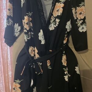 SHEIN Black Floral Wrap Dress with Peach and White Blooms